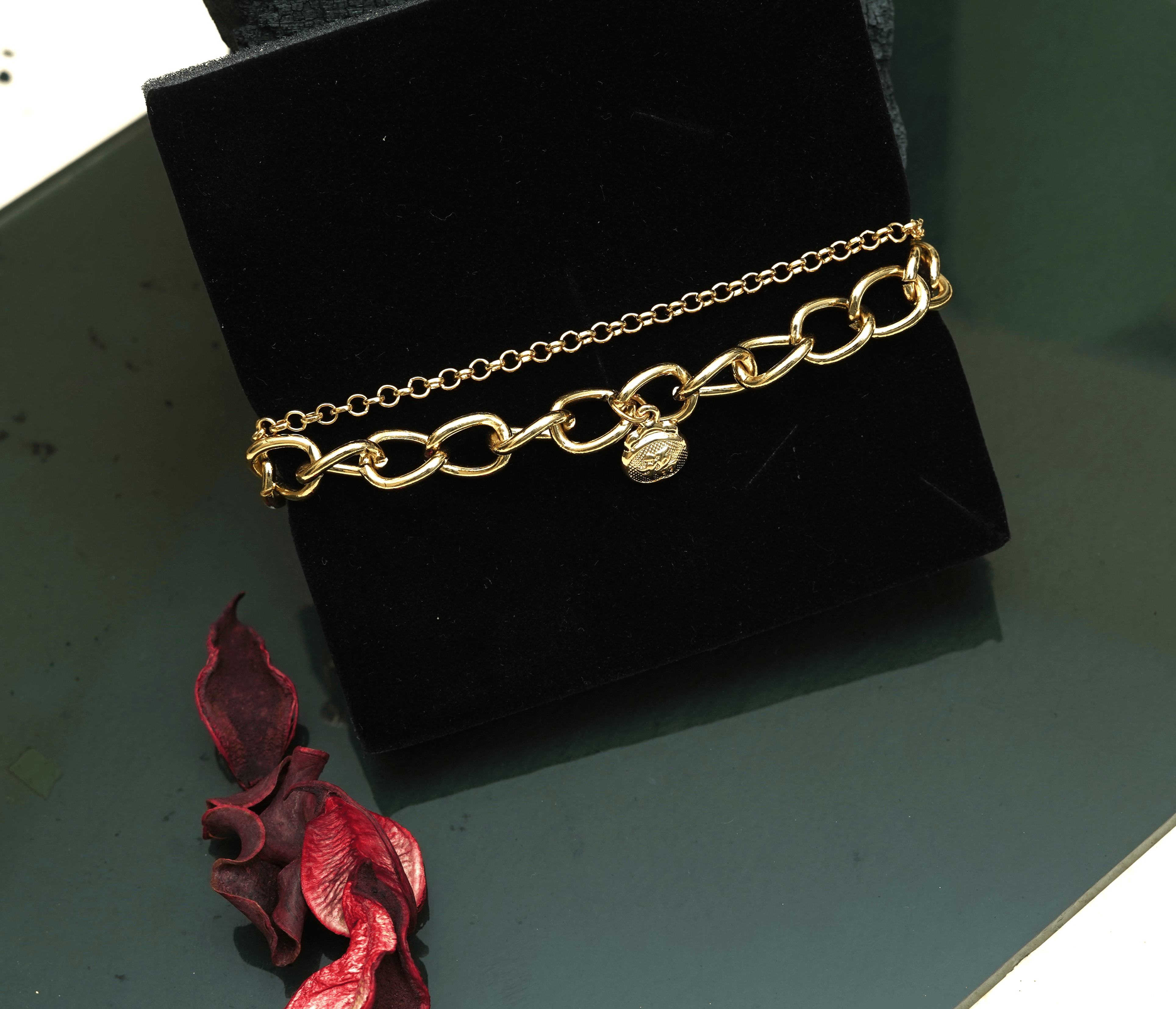 Orek Western Gold Heavy Double layer chain with teddy remark locket Bracelet